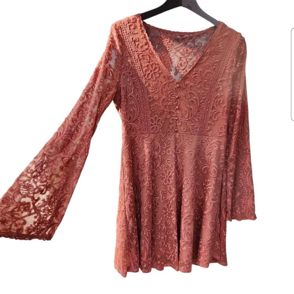 Floral Lace Bell Sleeve Mini Dress Dusty Rose Mauve Skater Coquette Style CHANCE